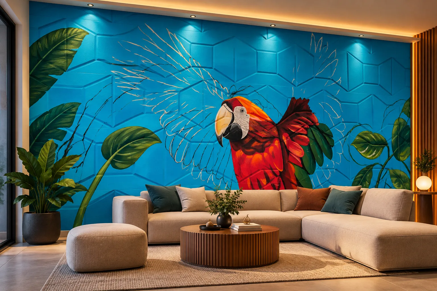 Parrot Mural on blue wall